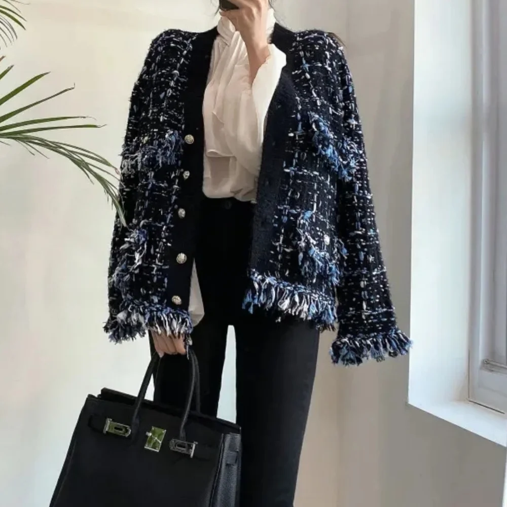 Tassels Patchwork Jacket Contrast Color V-neck Single Breasted Loose Coats - Picture 3 of 5